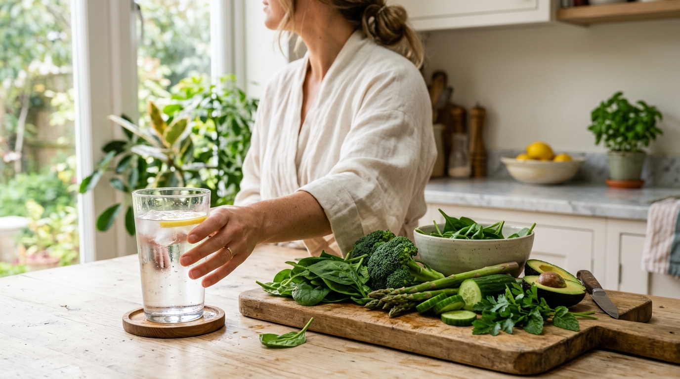 Ranní rutina a zdravý životní styl – sklenice vody a zelená zelenina